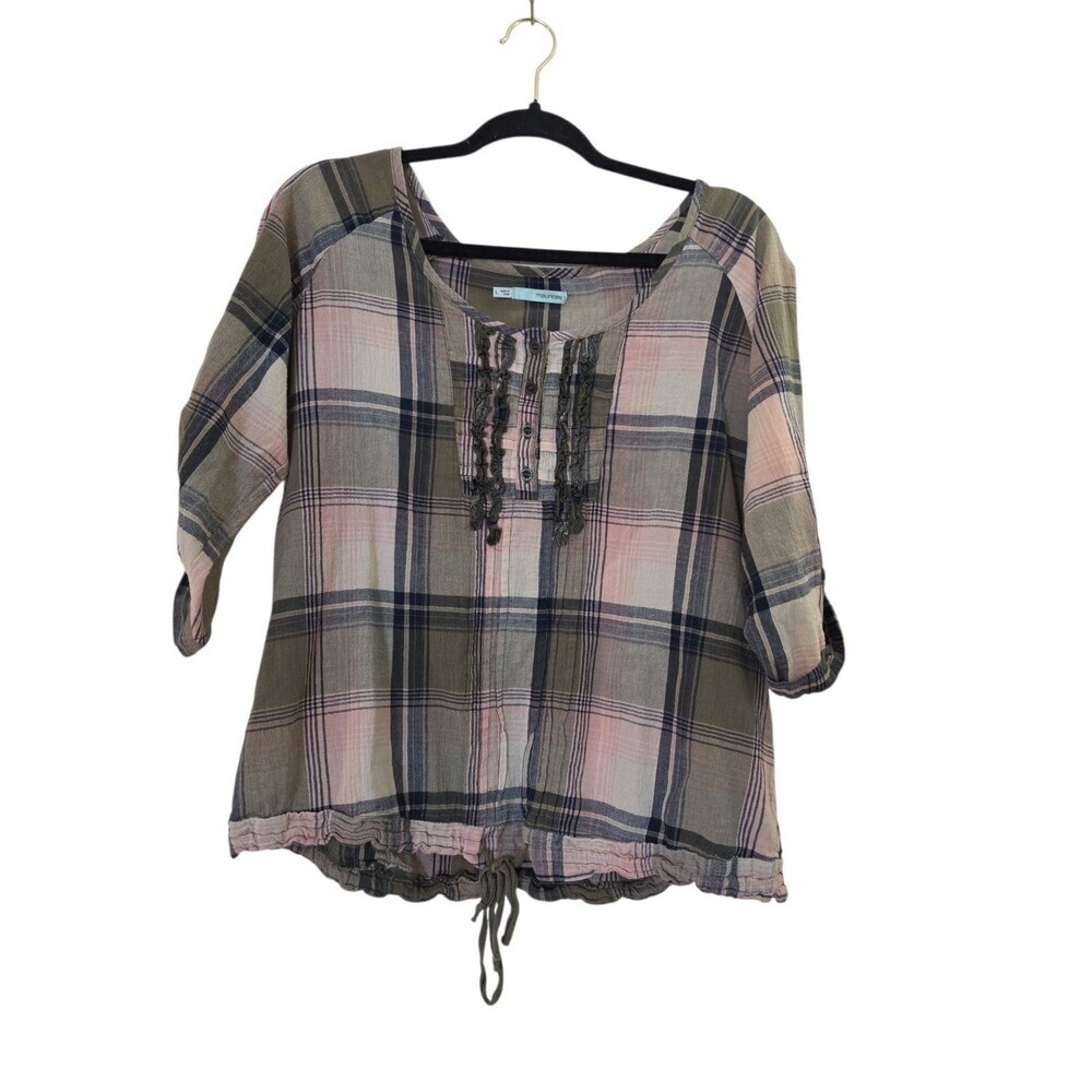 Maurice's Women's Med Plaid Button Up Ruffle Top Cotton Casual Blouse brown pink